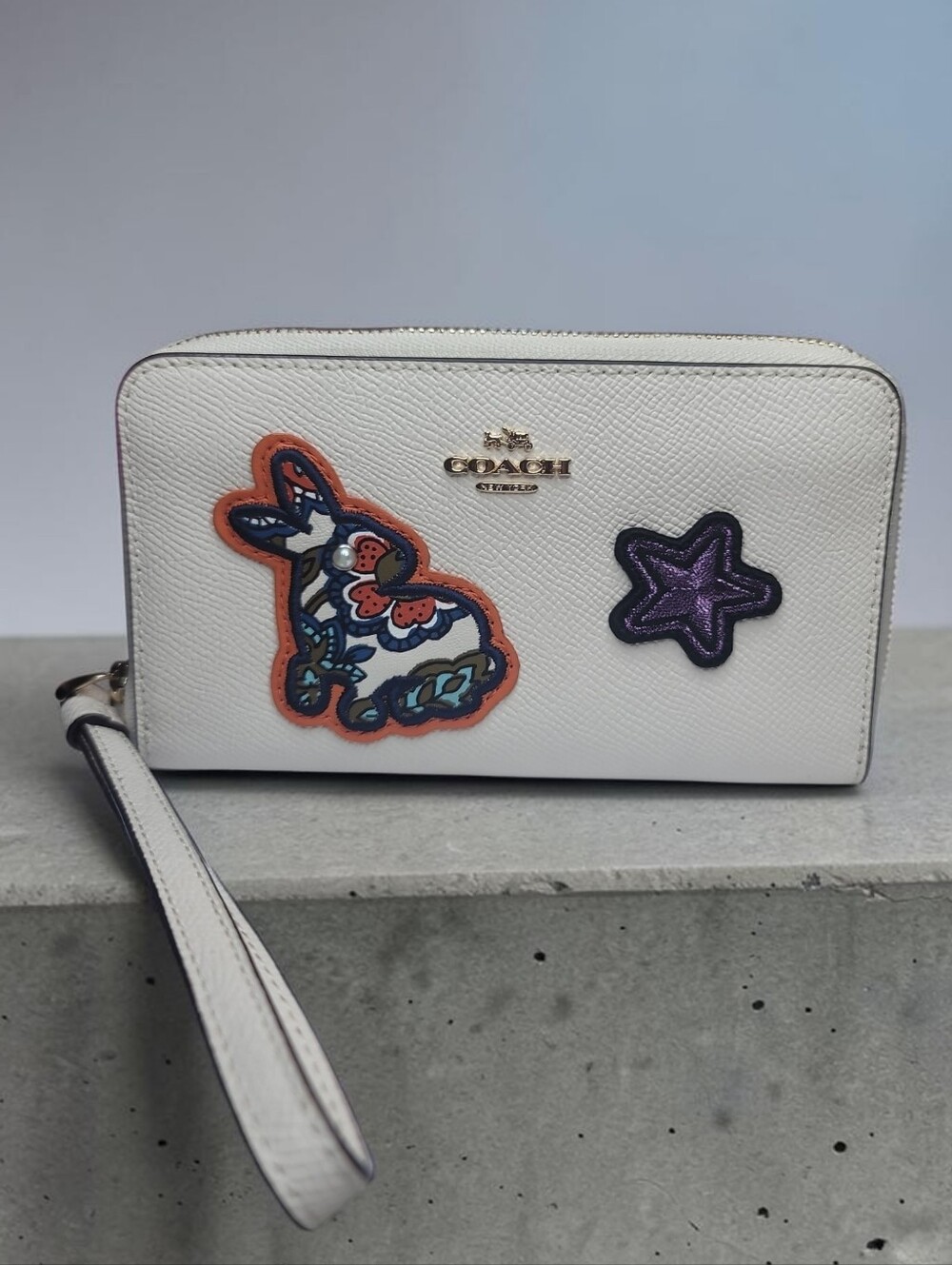 COACH Varsity Patchwork Crossgrain Leather Phone Wallet Wristlet EUC